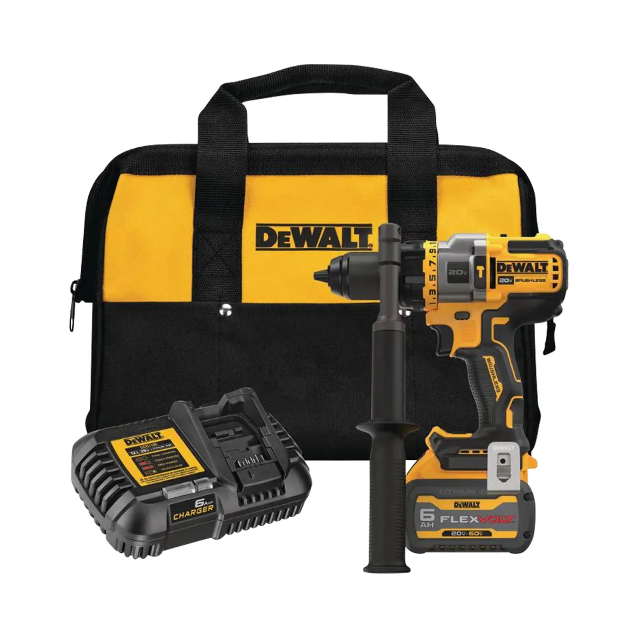 The Go Build 20V MAX Cordless Brushless 1/2 in. Hammer Drill/Driver includes a side handle, battery, charger, and black-yellow carrying bag—combining power and portability for any job. From The Fastest Way To Build.